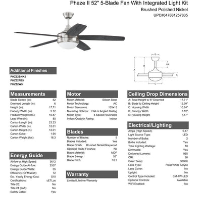 52" Phaze II 5-Blade in Brushed Polished Nickel w/ Brushed Nickel/Greywood Blades Ceiling Fan CRAFTMADE