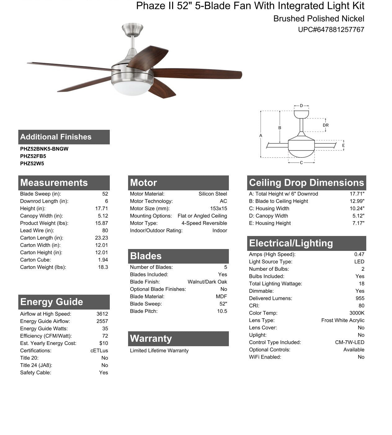 52" Phaze II 5-Blade in Brushed Polished Nickel w/ Walnut/Dark Oak Blades Ceiling Fan CRAFTMADE