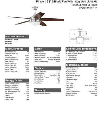 52" Phaze II 5-Blade in Brushed Polished Nickel w/ Walnut/Dark Oak Blades Ceiling Fan CRAFTMADE