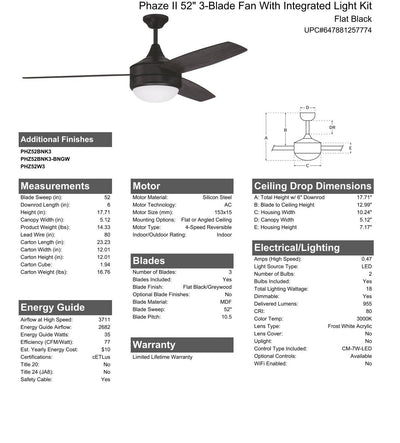 52" Phaze II 3-Blade in Flat Black w/ Flat Black/Greywood Blades Ceiling Fan CRAFTMADE