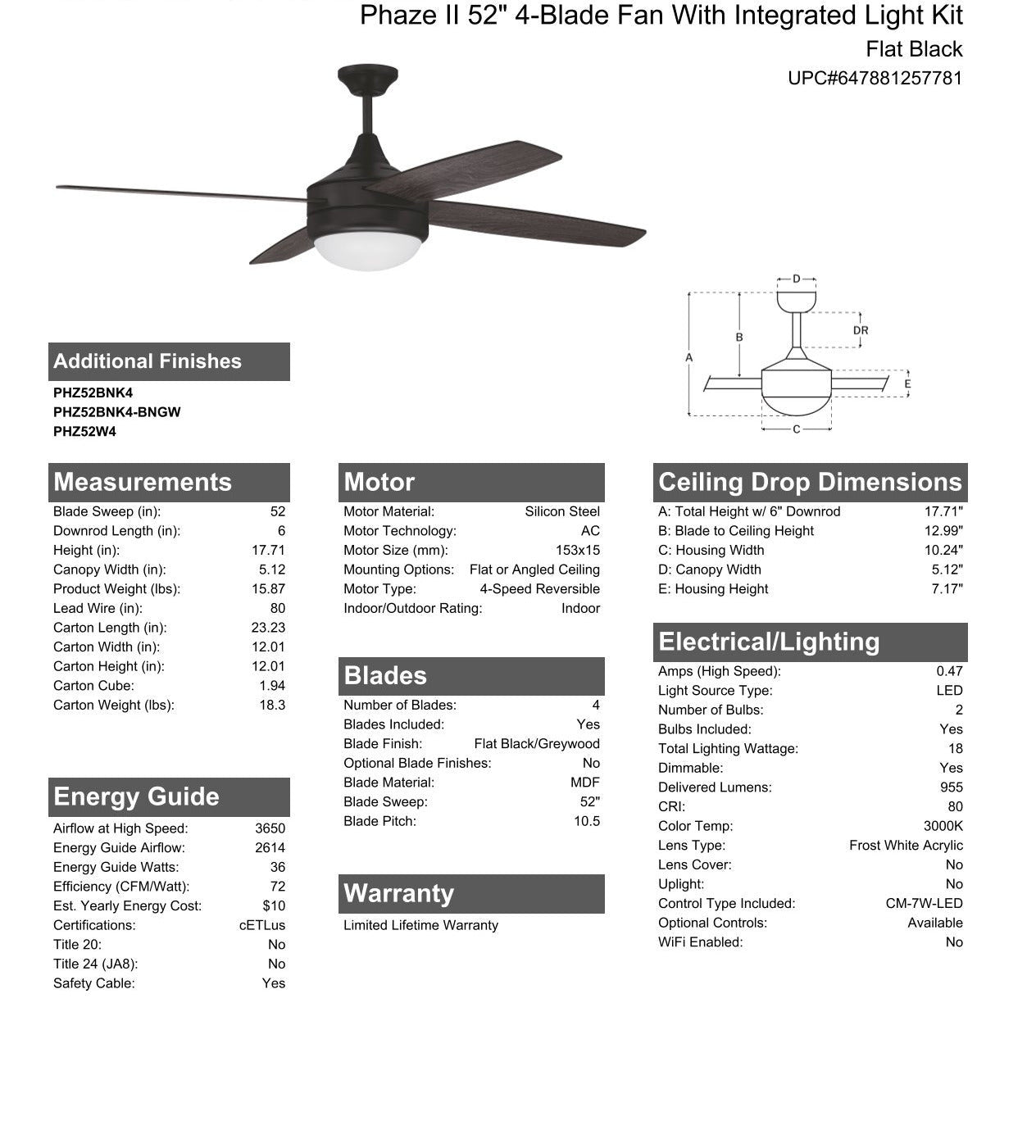 52" Phaze II 4-Blade in Flat Blak w/ Flat Black/Greywood Blades Ceiling Fan CRAFTMADE