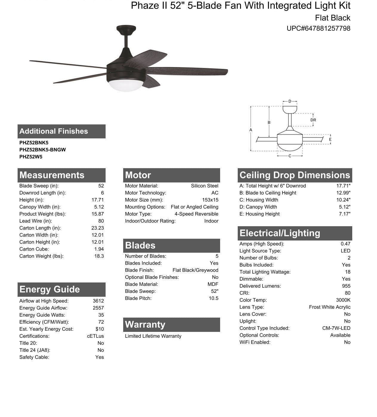 52" Phaze II 5-Blade in Flat Black w/ Flat Black/Greywood Blades Ceiling Fan CRAFTMADE