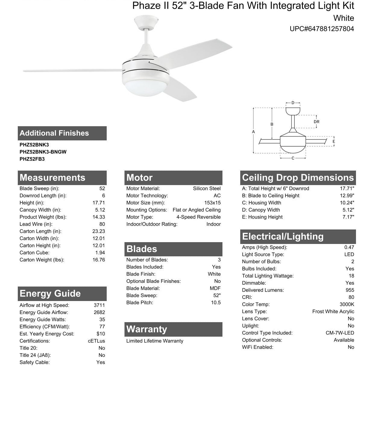 52" Phaze II 3-Blade in White w/ White Blades Ceiling Fan CRAFTMADE