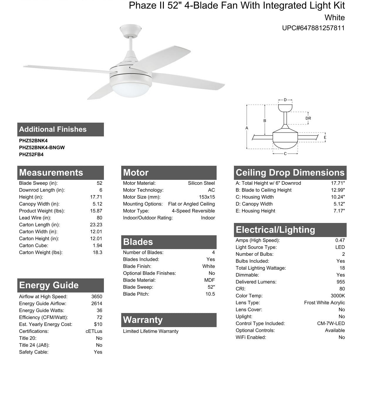 52" Phaze II 4-Blade in White w/ White Blades Ceiling Fan CRAFTMADE