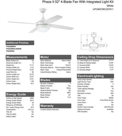 52" Phaze II 4-Blade in White w/ White Blades Ceiling Fan CRAFTMADE