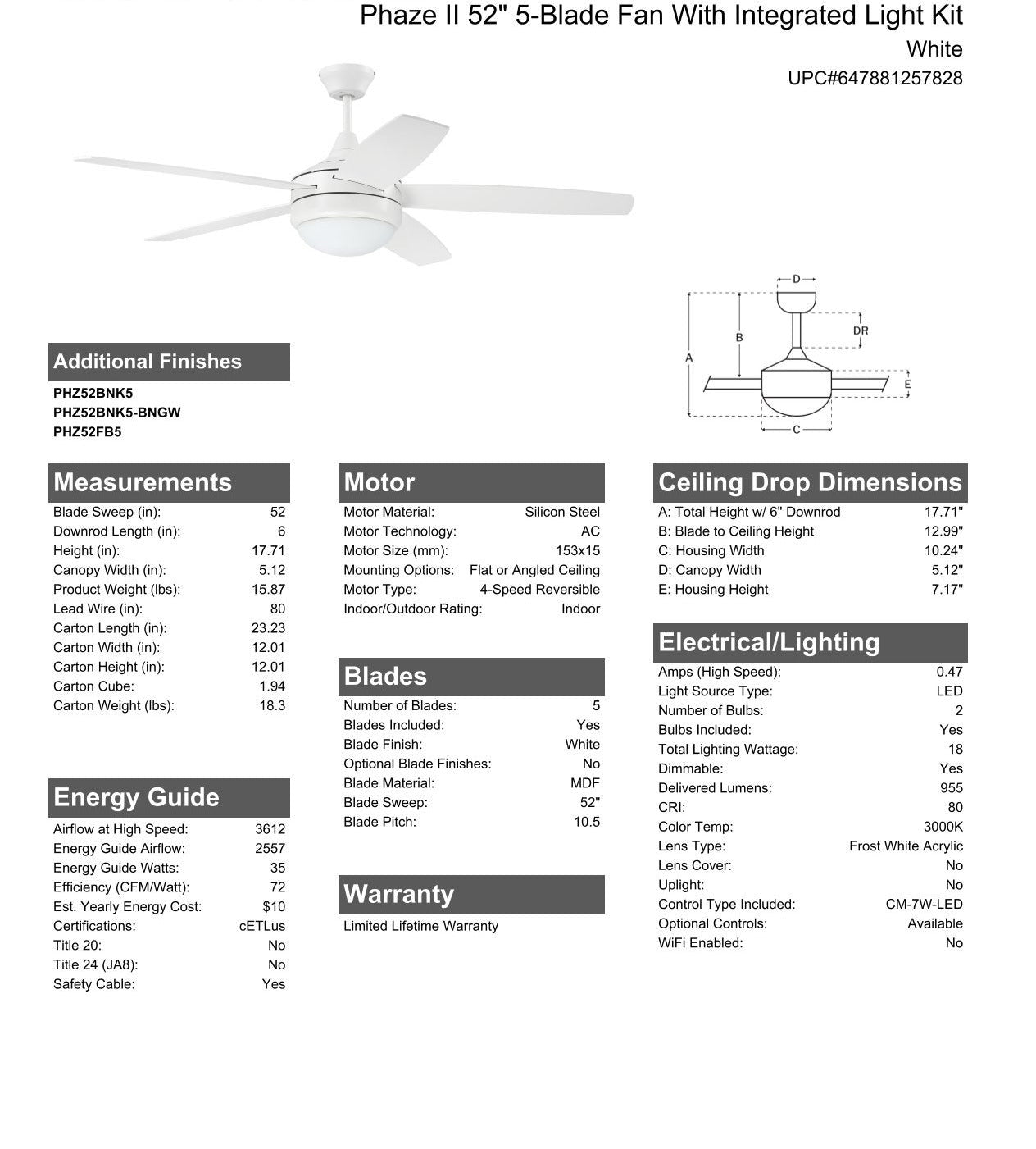 52" Phaze II 5-Blade in White w/ White Blades Ceiling Fan CRAFTMADE