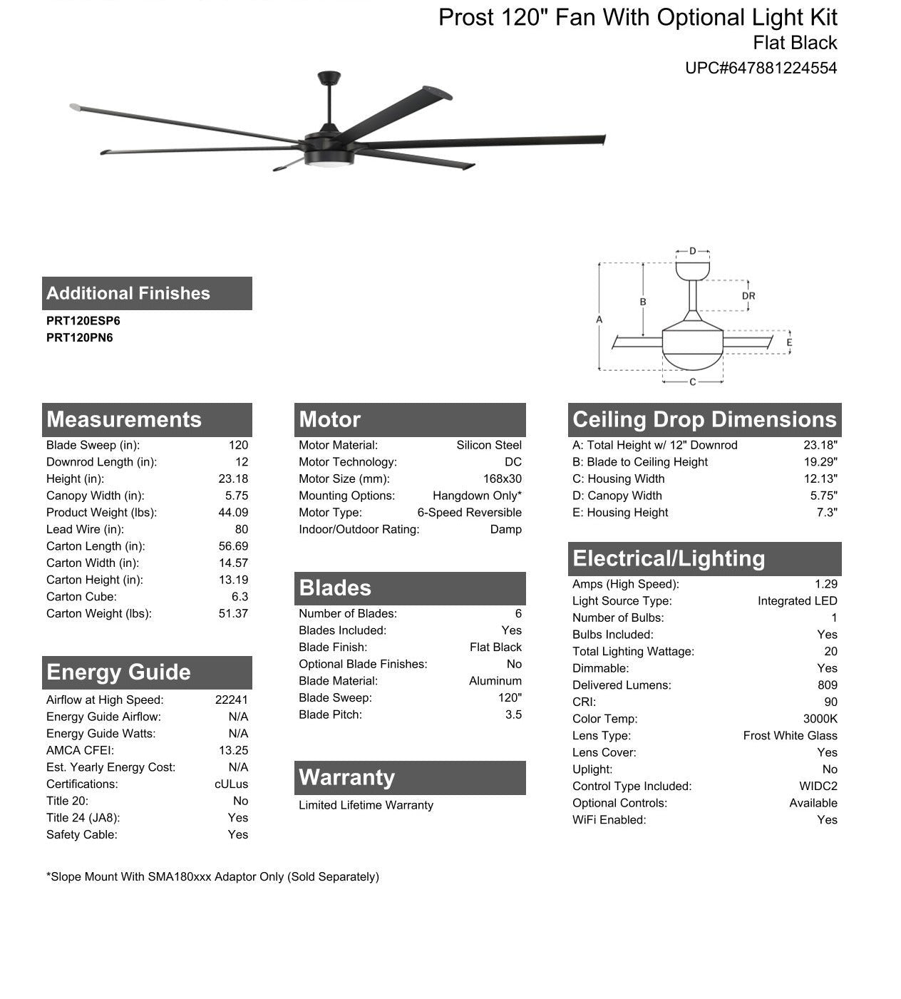 120" Prost in Flat Black  w/ Flat Black/Flat Back Blades Ceiling Fan CRAFTMADE