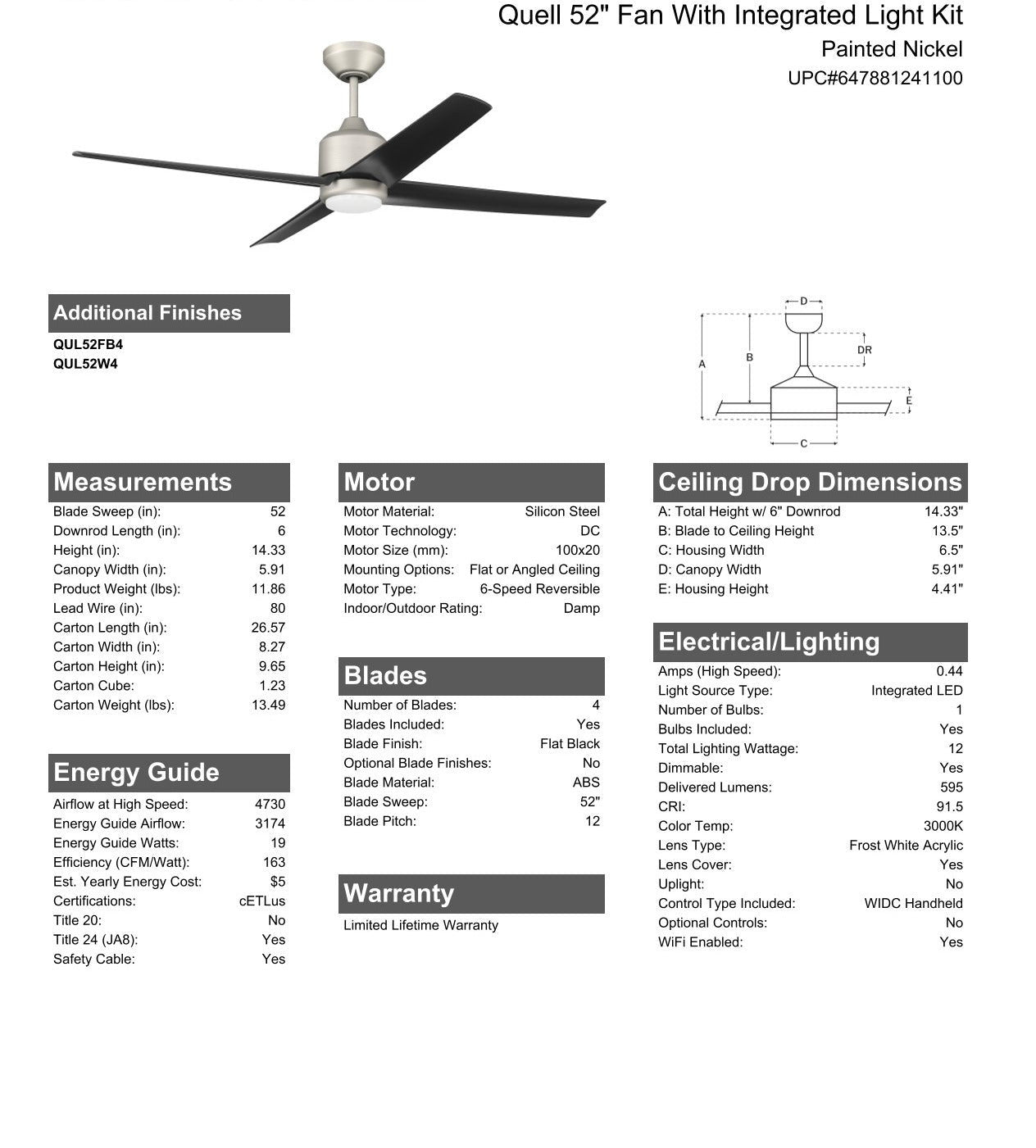 52" Quell Fan, Painted Nickel Finish, Flat Black Blades. LED Light, WIFI and Control Included Ceiling Fan CRAFTMADE