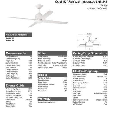 52" Quell Fan, White Finish, White Blades. LED Light, WIFI and Control Included Ceiling Fan CRAFTMADE