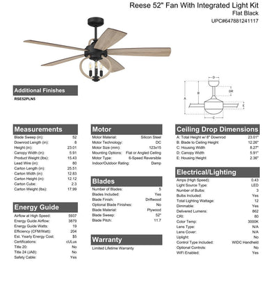 52" Reese in Flat Black  w/ Driftwood Blades Ceiling Fan CRAFTMADE