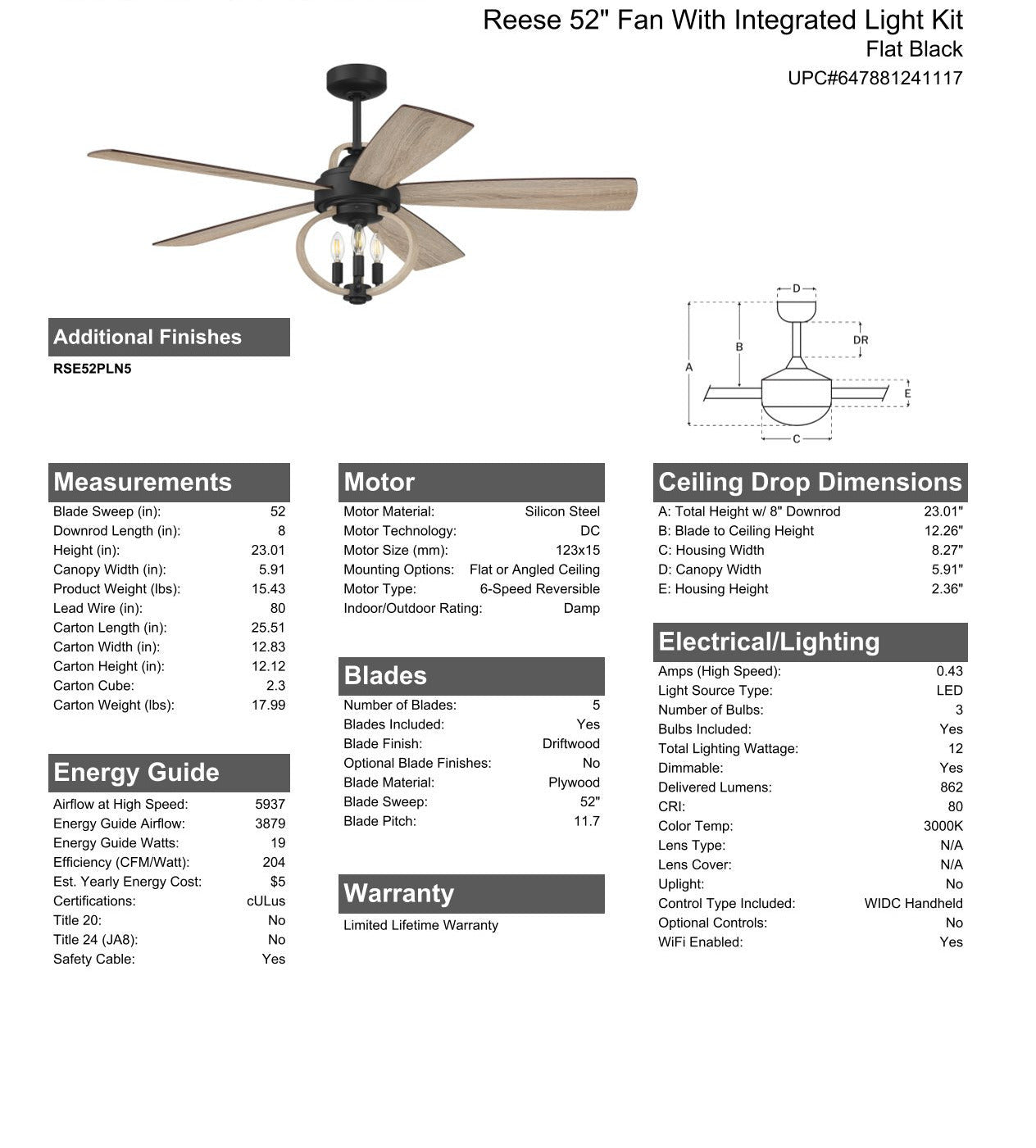 52" Reese in Flat Black  w/ Driftwood Blades Ceiling Fan CRAFTMADE