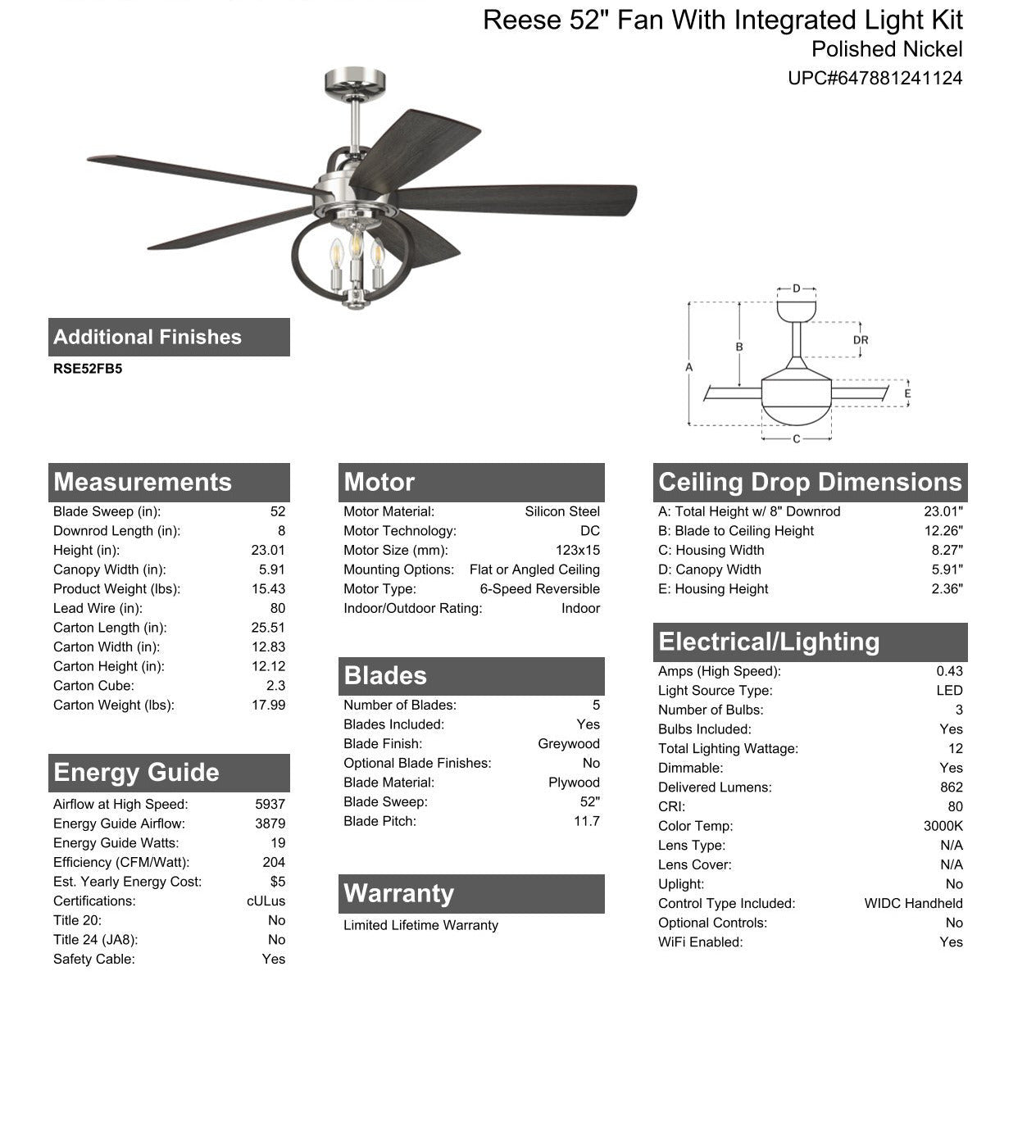 52" Reese in Polished Nickel w/ Greywood Blades Ceiling Fan CRAFTMADE