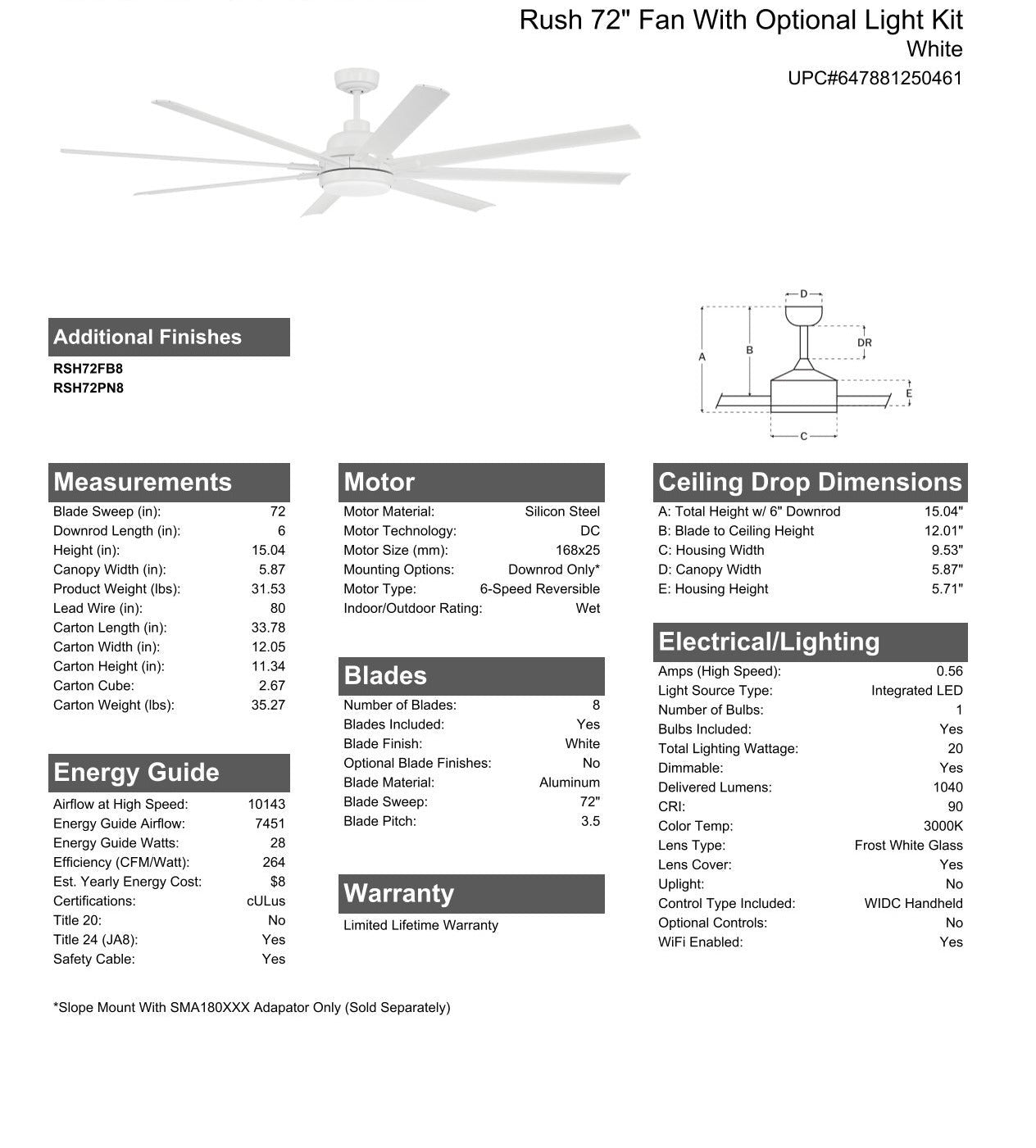 72" Rush in White w/ White Blades Ceiling Fan CRAFTMADE