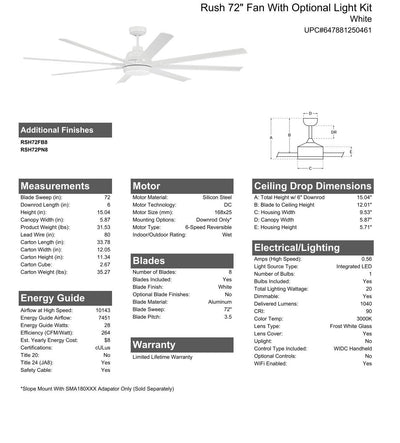 72" Rush in White w/ White Blades Ceiling Fan CRAFTMADE