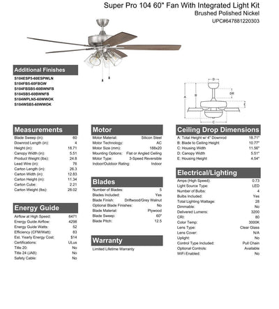 60" Super Pro 104 in Brushed Polished Nickel w/ Driftwood/Grey Walnut Blades Ceiling Fan CRAFTMADE