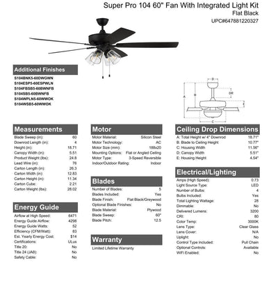 60" Super Pro 104 in Flat Black  w/ Flat Black/Greywood Blades Ceiling Fan CRAFTMADE