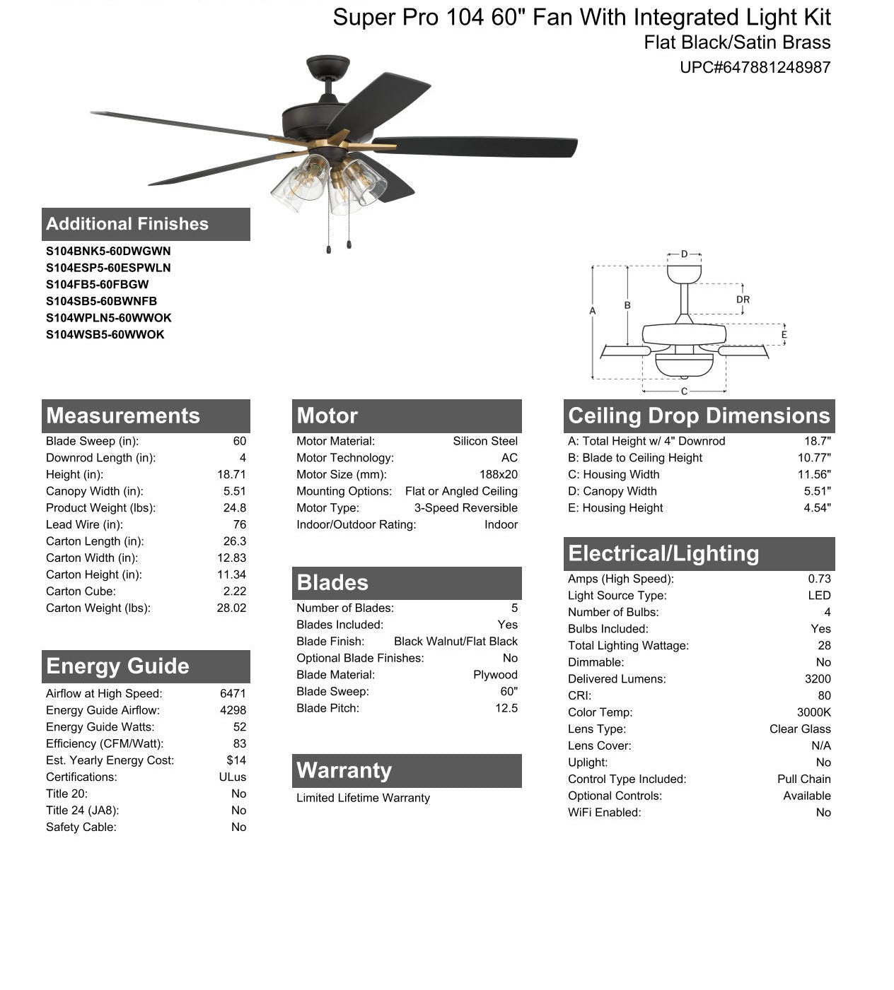 60" Super Pro 104 in Flat Black/Satin Brass w/ Black Walnut/Flat Black Blades Ceiling Fan CRAFTMADE