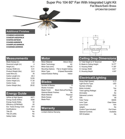 60" Super Pro 104 in Flat Black/Satin Brass w/ Black Walnut/Flat Black Blades Ceiling Fan CRAFTMADE