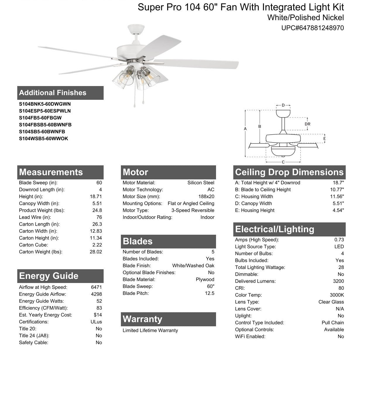 60" Super Pro 104 in White/Polished Nickel w/ White/Washed Oak Blades Ceiling Fan CRAFTMADE