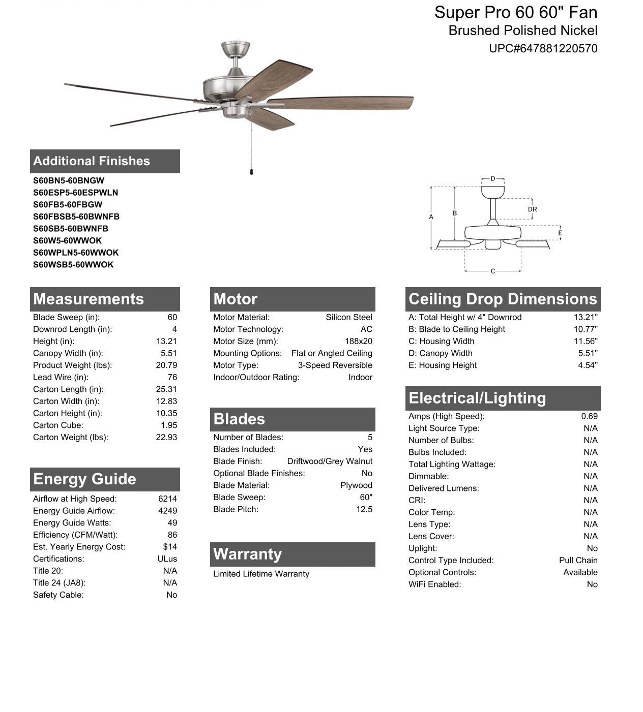 60" Super Pro 60 in Brushed Polished Nickel w/ Driftwood/Grey Walnut Blades Ceiling Fan CRAFTMADE