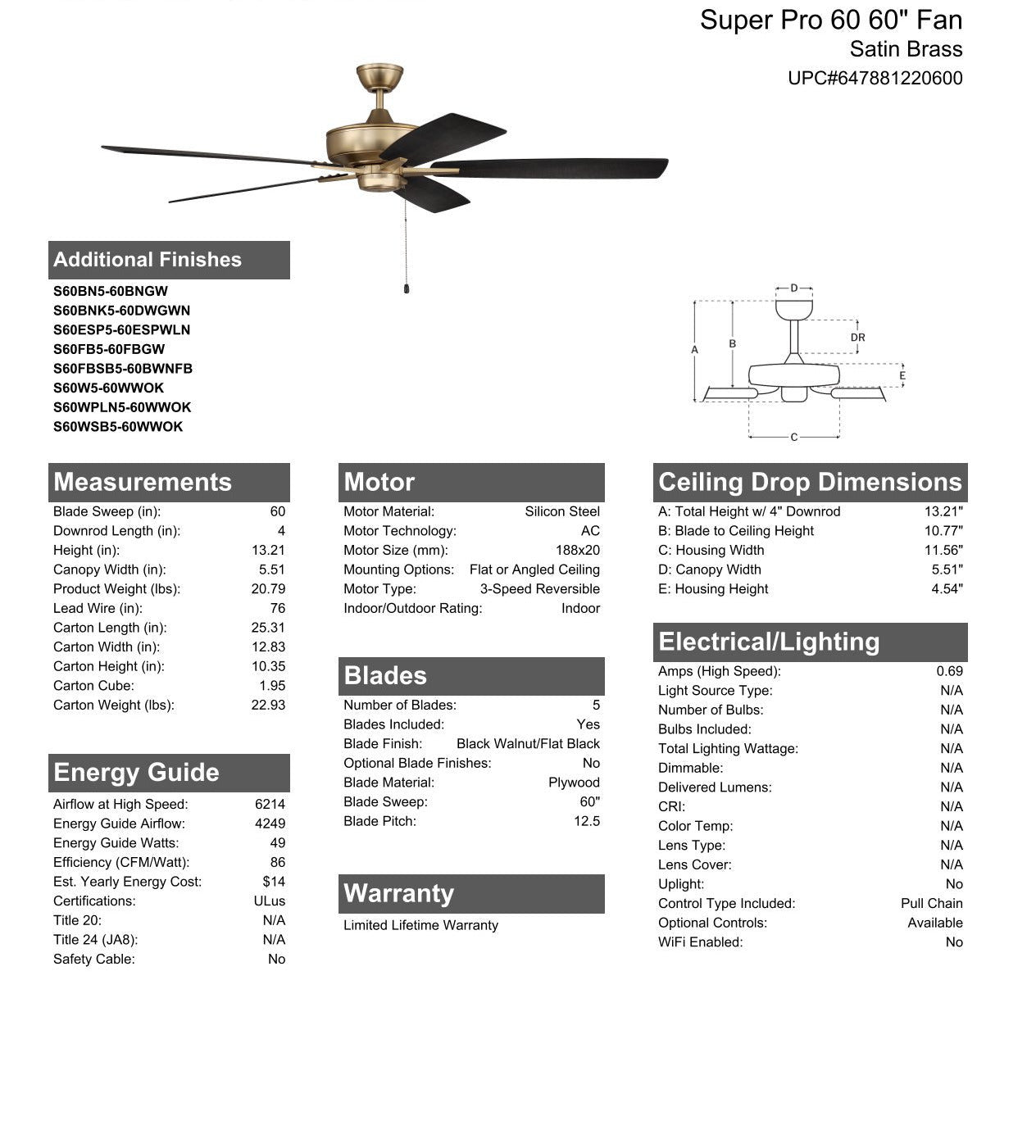 60" Super Pro 60 in Satin Brass w/ Black Walnut/Flat Black Blades Ceiling Fan CRAFTMADE