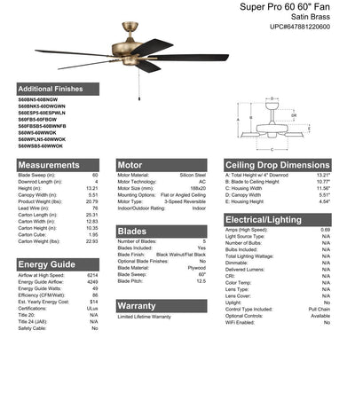 60" Super Pro 60 in Satin Brass w/ Black Walnut/Flat Black Blades Ceiling Fan CRAFTMADE