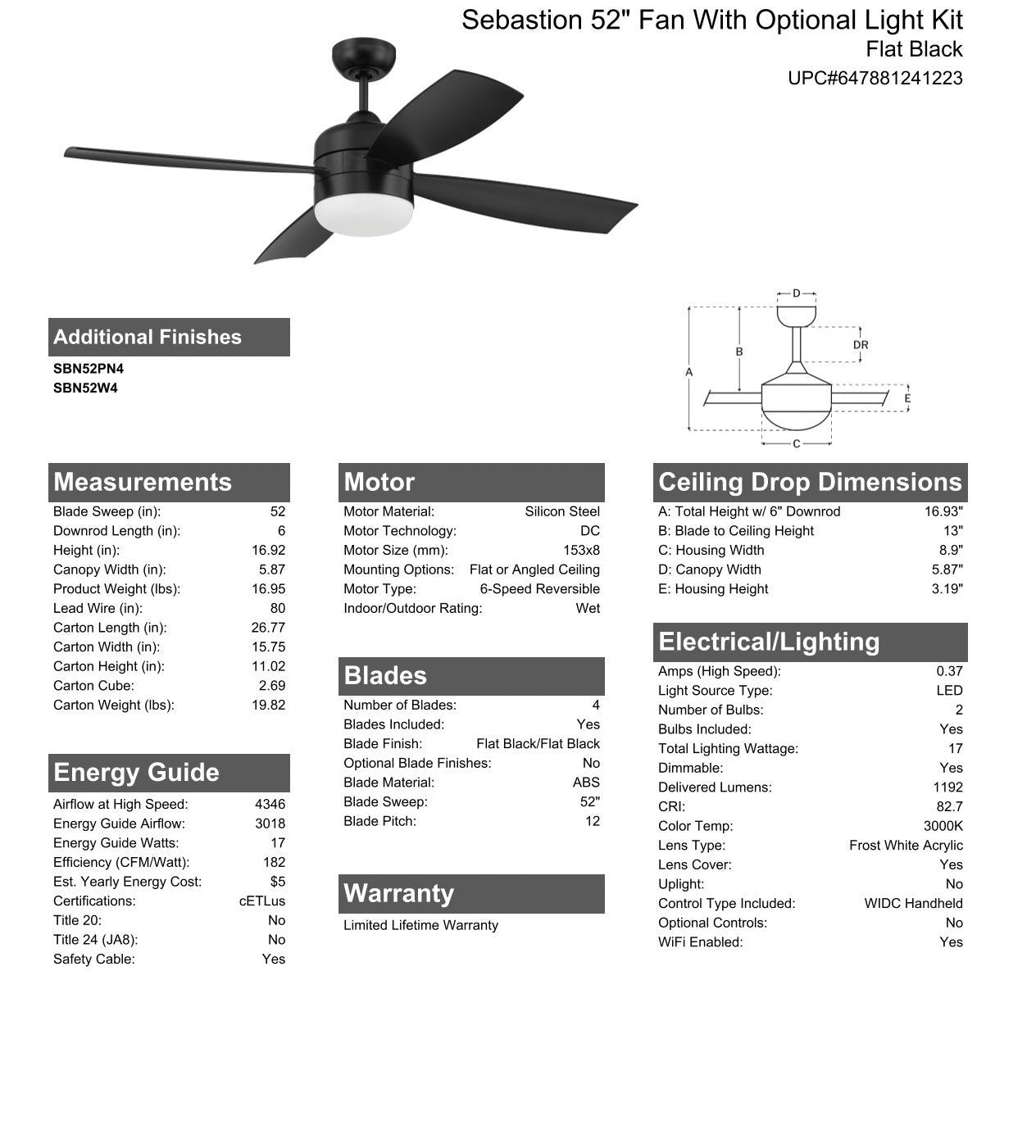 52" Sebastion in Flat Black  w/ Flat Black Blades Ceiling Fan CRAFTMADE