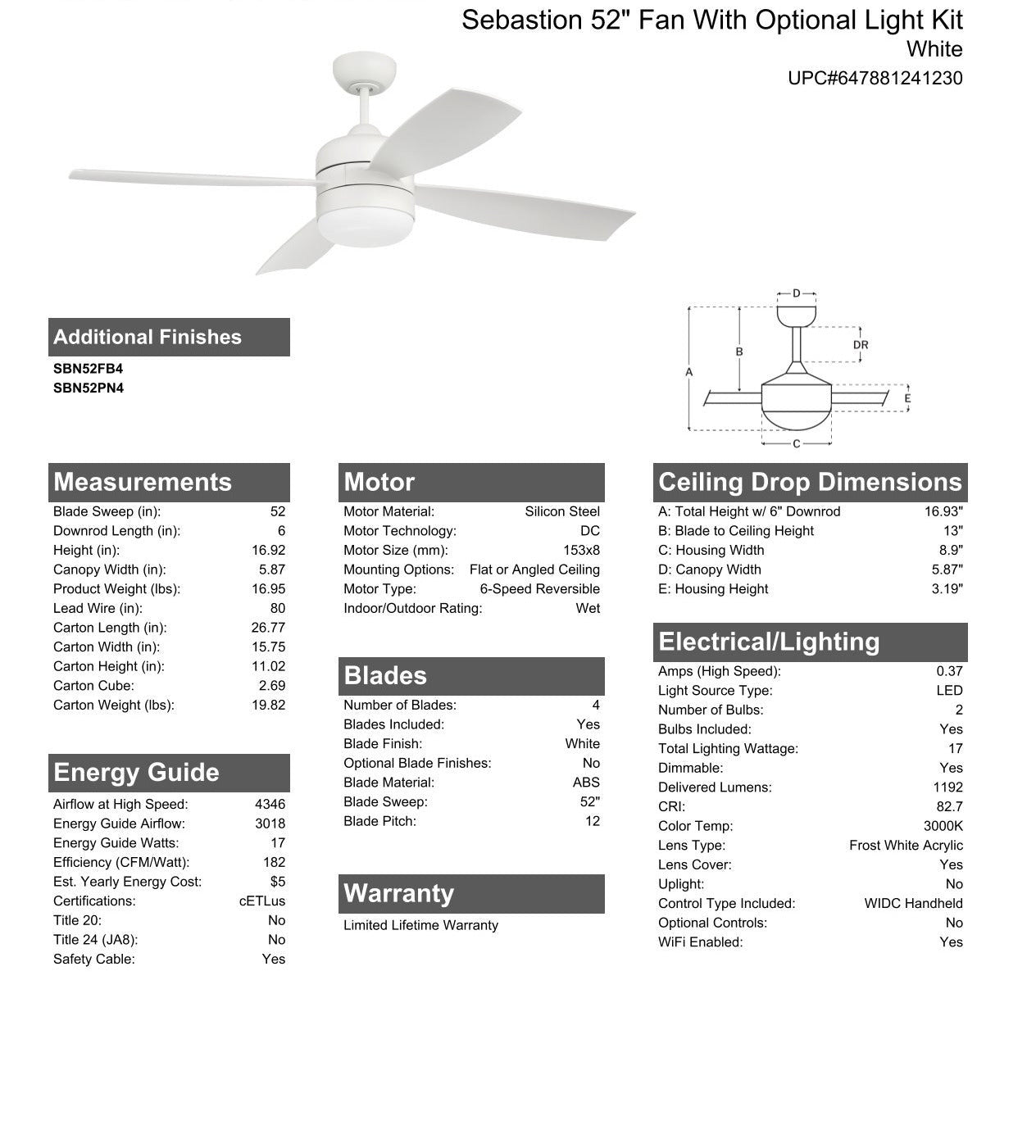 52" Sebastion in White w/ White Blades Ceiling Fan CRAFTMADE