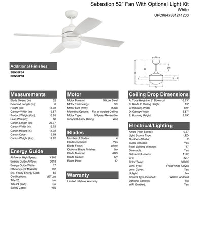 52" Sebastion in White w/ White Blades Ceiling Fan CRAFTMADE