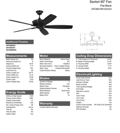 60" Santori Indoor/Outdoor (Damp) in Flat Black w/ Flat Black Blades Ceiling Fan CRAFTMADE