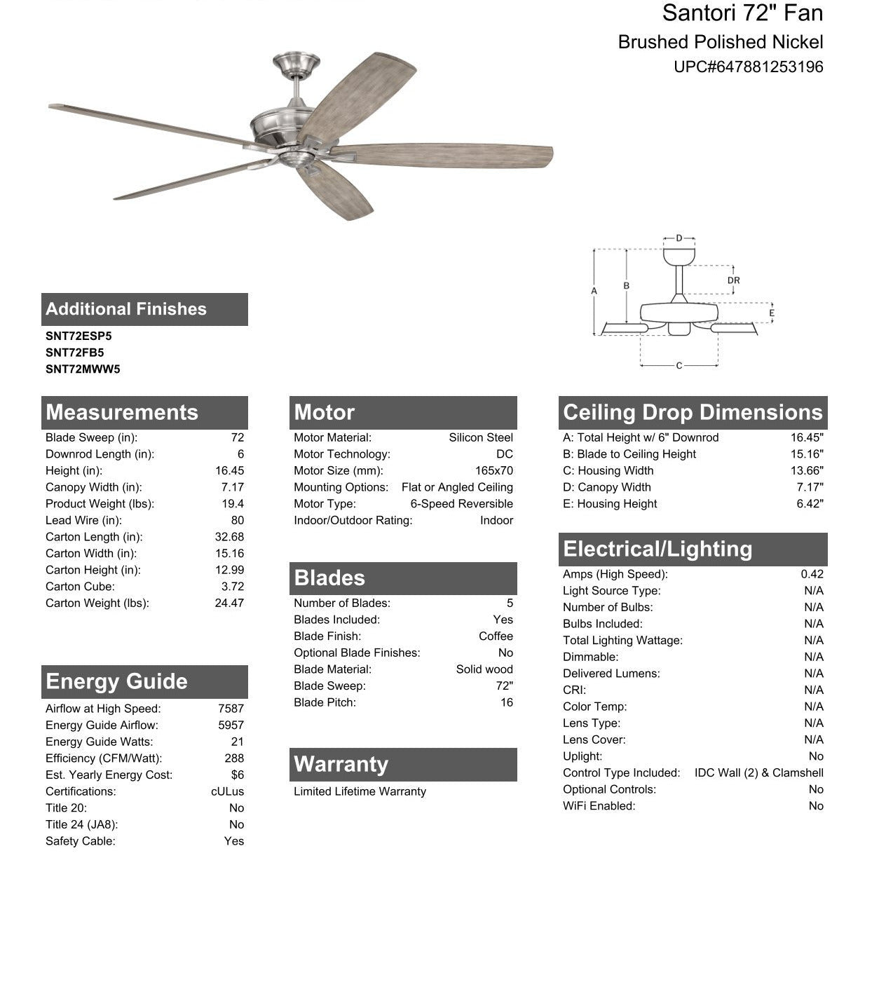 72" Santori in Brushed Polished Nickel w/ Coffee Blades Ceiling Fan CRAFTMADE