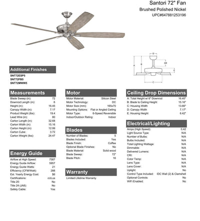 72" Santori in Brushed Polished Nickel w/ Coffee Blades Ceiling Fan CRAFTMADE