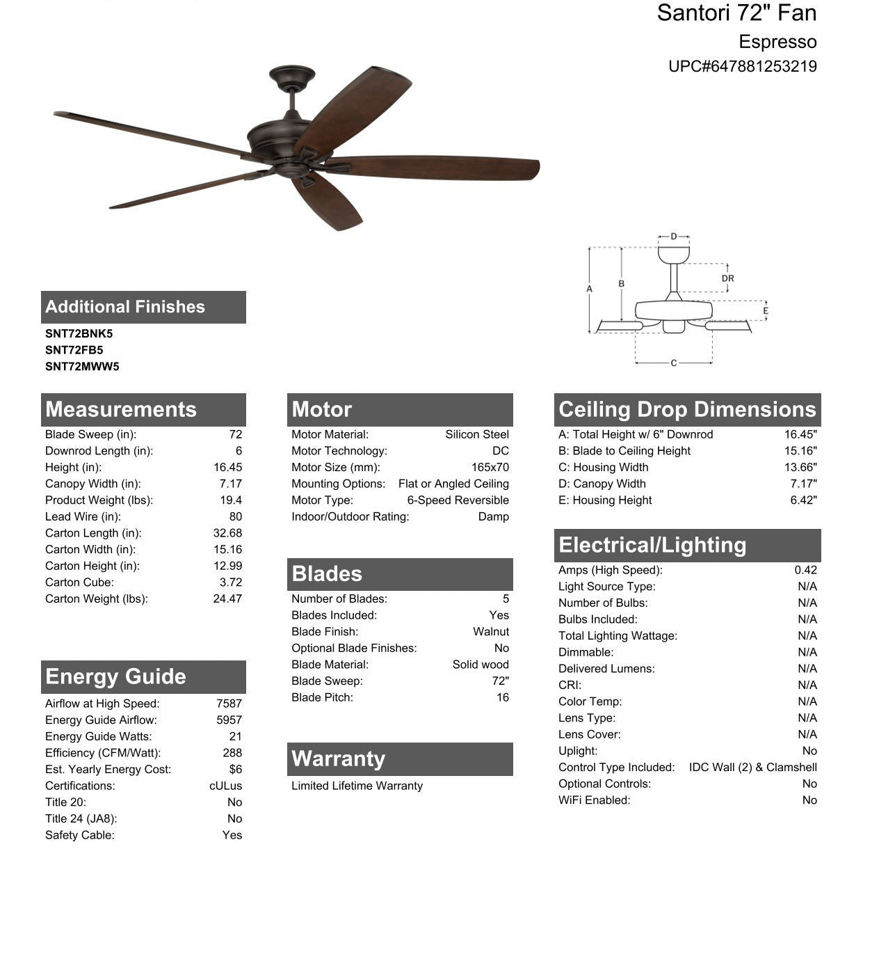 72" Santori Indoor/Outdoor (Damp) in Espresso w/ Walnut Blades Ceiling Fan CRAFTMADE