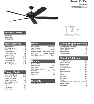 72" Santori Indoor/Outdoor (Damp) in Flat Black w/ Flat Black Blades Ceiling Fan CRAFTMADE