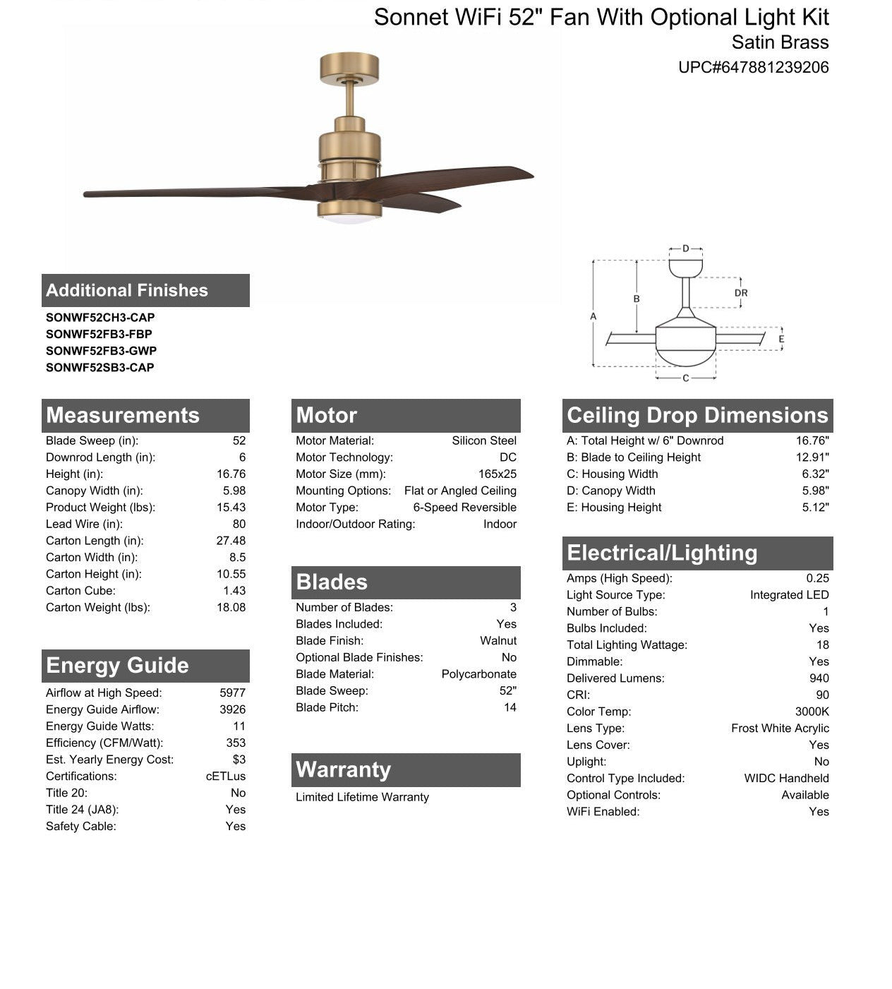 52" Sonnet WiFi in Satin Brass w/ Walnut Blades Ceiling Fan CRAFTMADE