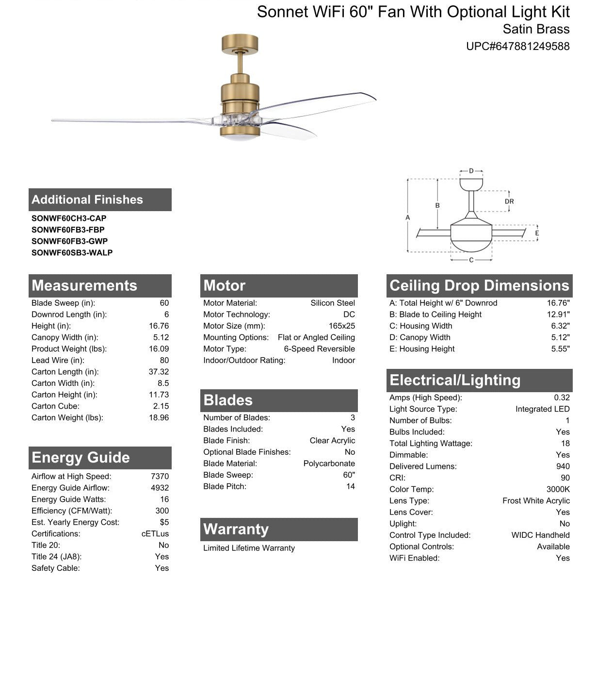 60" Sonnet WiFi in Satin Brass w/ Clear Acrylic Blades Ceiling Fan CRAFTMADE