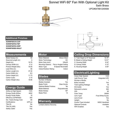 60" Sonnet WiFi in Satin Brass w/ Clear Acrylic Blades Ceiling Fan CRAFTMADE