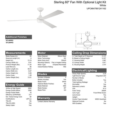 60" Sterling in White w/ White Blades Ceiling Fan CRAFTMADE