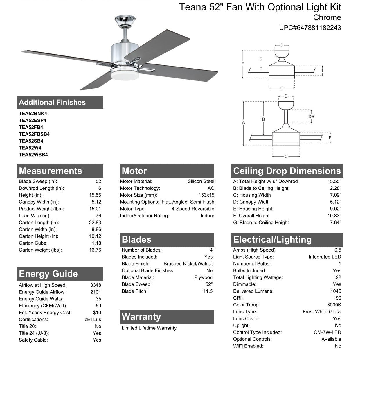 52" Teana in Chrome w/ Brushed Nickel/Walnut Blades Ceiling Fan CRAFTMADE