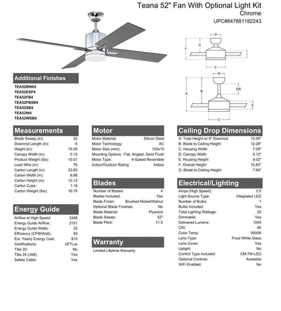 52" Teana in Chrome w/ Brushed Nickel/Walnut Blades Ceiling Fan CRAFTMADE