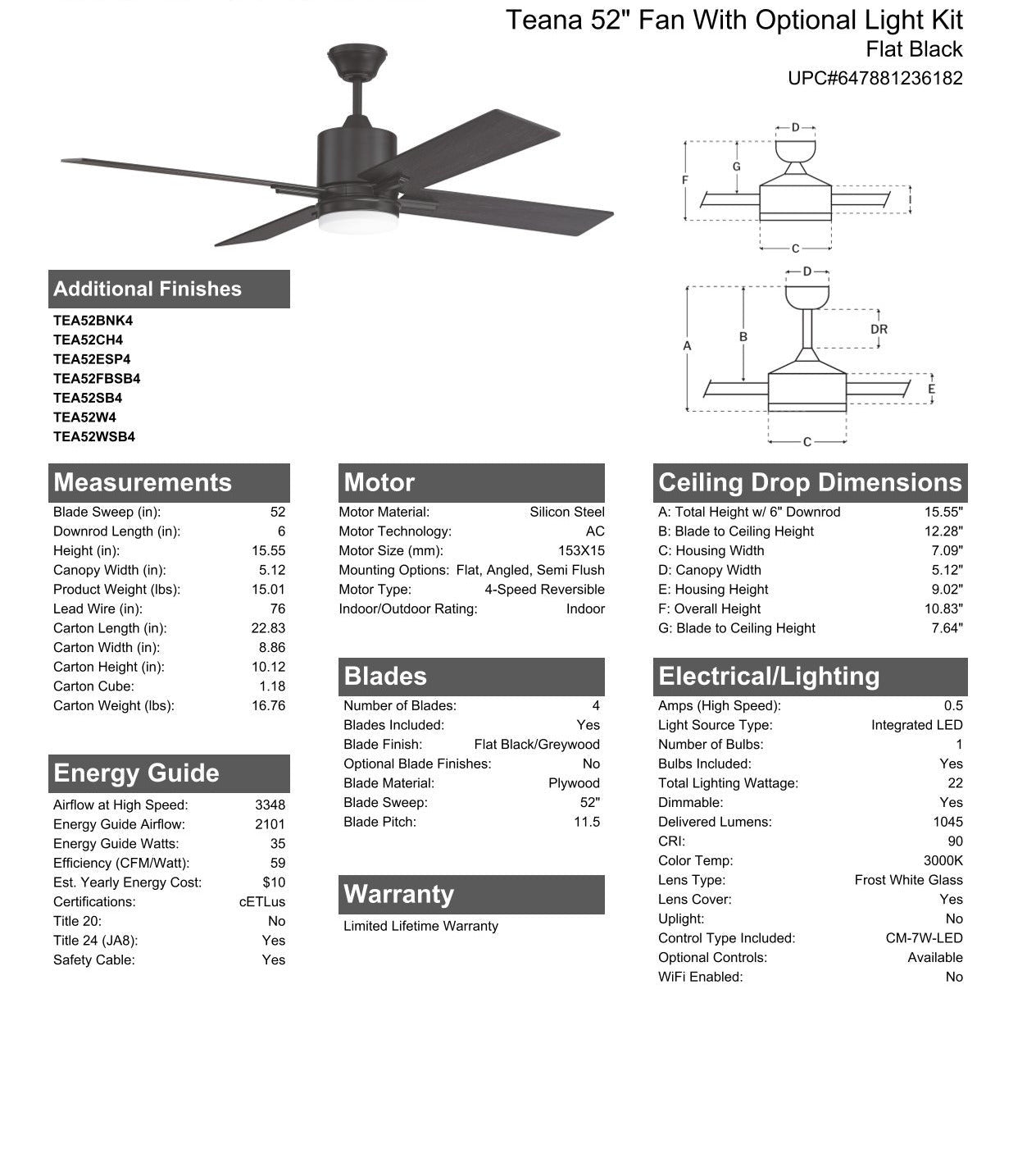 52" Teana in Flat Black  w/ Flat Black/Greywood Blades Ceiling Fan CRAFTMADE