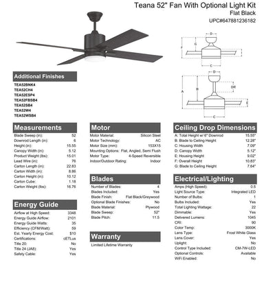 52" Teana in Flat Black  w/ Flat Black/Greywood Blades Ceiling Fan CRAFTMADE