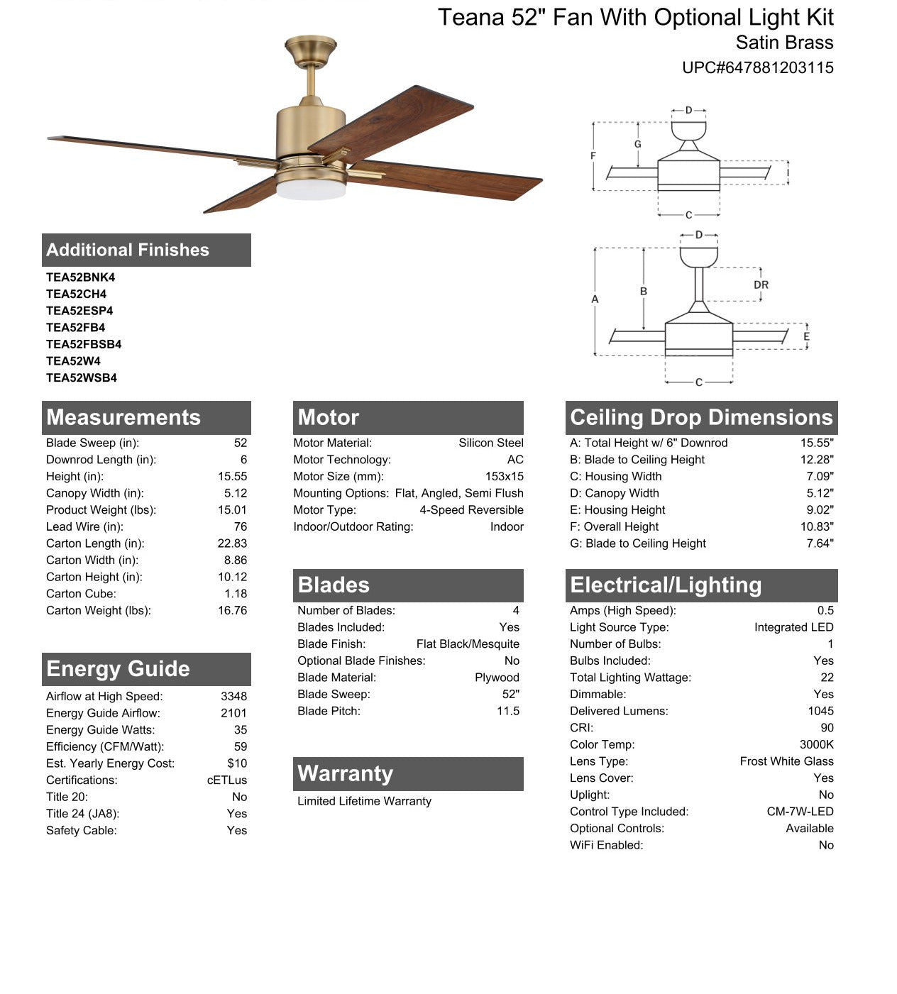 52" Teana in Satin Brass w/ Flat Black/Mesquite Blades Ceiling Fan CRAFTMADE