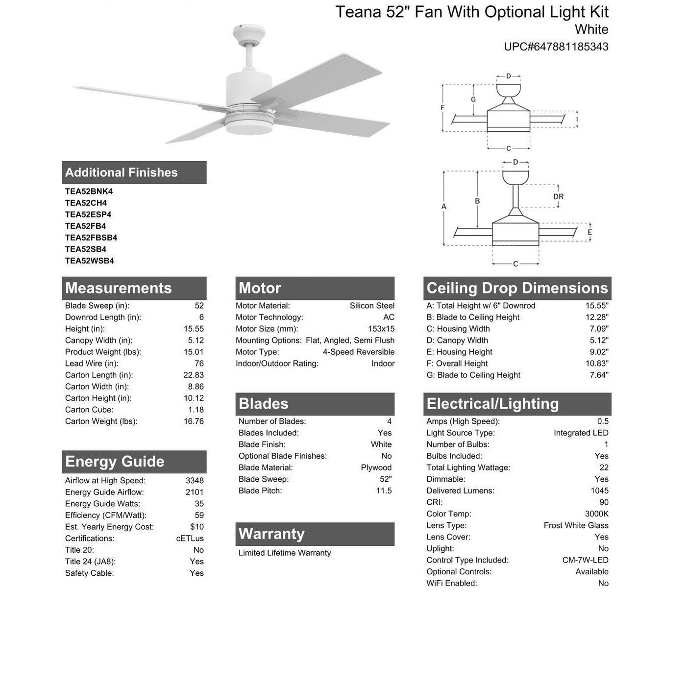 52" Teana in White w/ White Blades Ceiling Fan CRAFTMADE