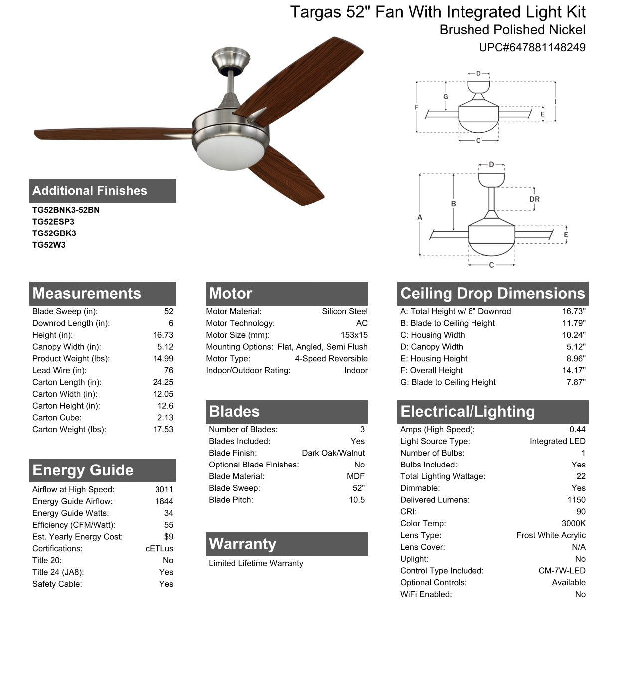 52" Targas in Brushed Polished Nickel w/ Dark Oak/Walnut Blades Ceiling Fan CRAFTMADE