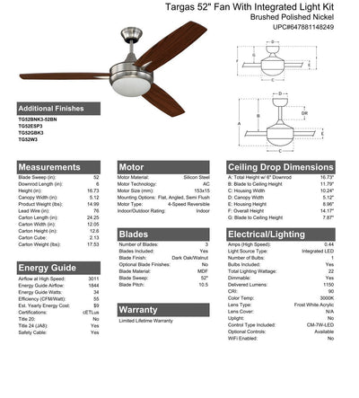 52" Targas in Brushed Polished Nickel w/ Dark Oak/Walnut Blades Ceiling Fan CRAFTMADE