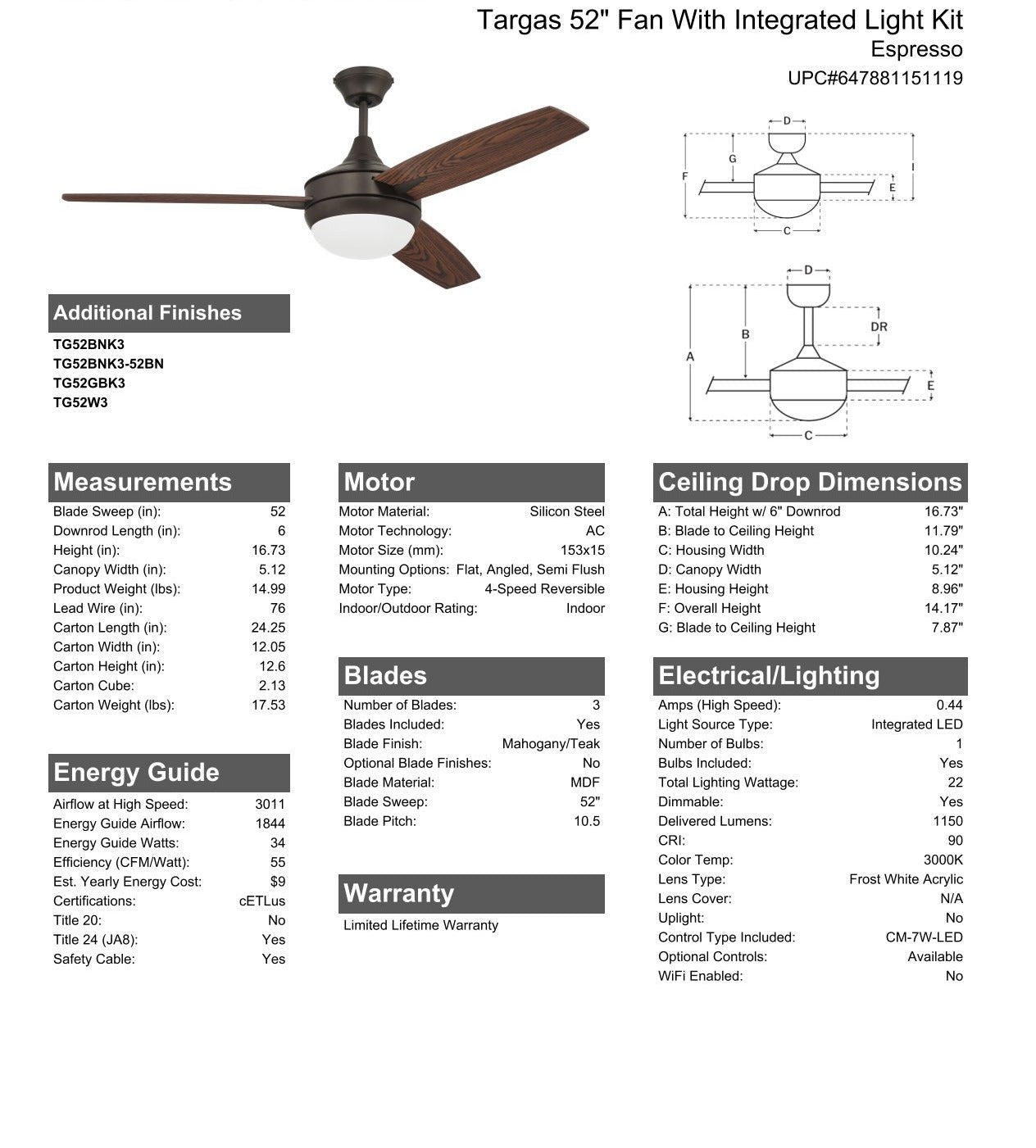 52" Targas in Espresso w/ Mahogany/Teak Blades Ceiling Fan CRAFTMADE