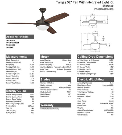 52" Targas in Espresso w/ Mahogany/Teak Blades Ceiling Fan CRAFTMADE