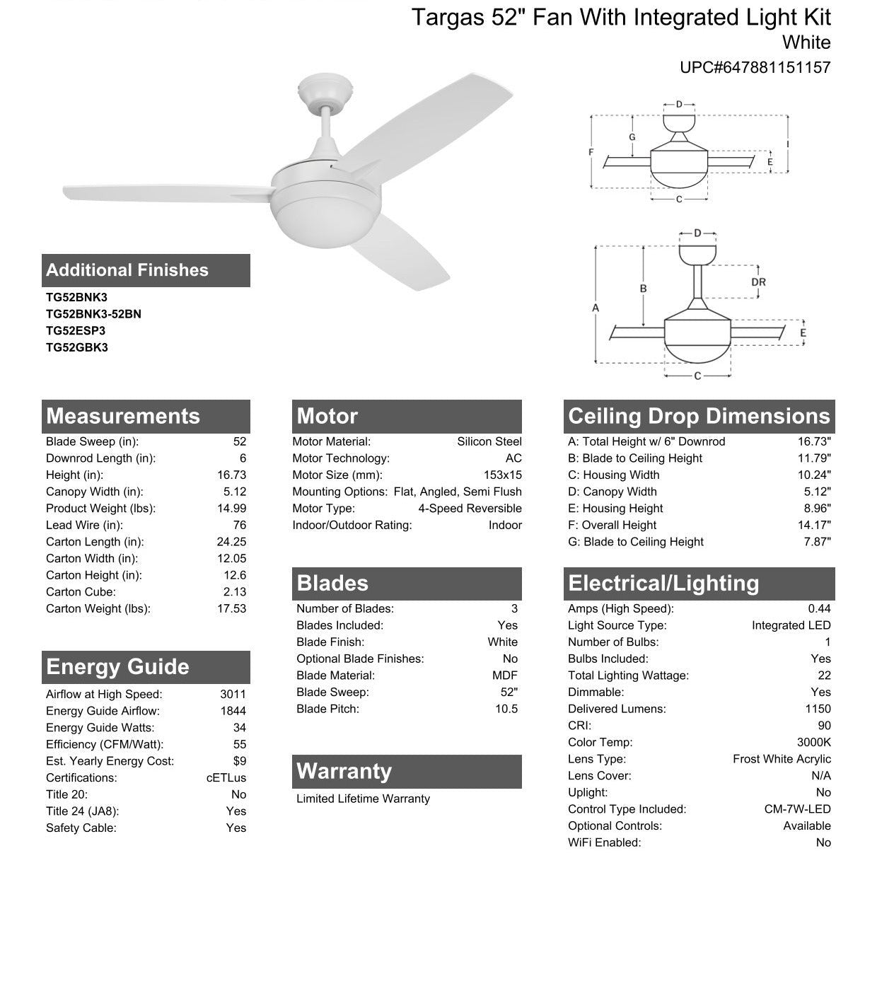 52" Targas in White w/ White Blades Ceiling Fan CRAFTMADE