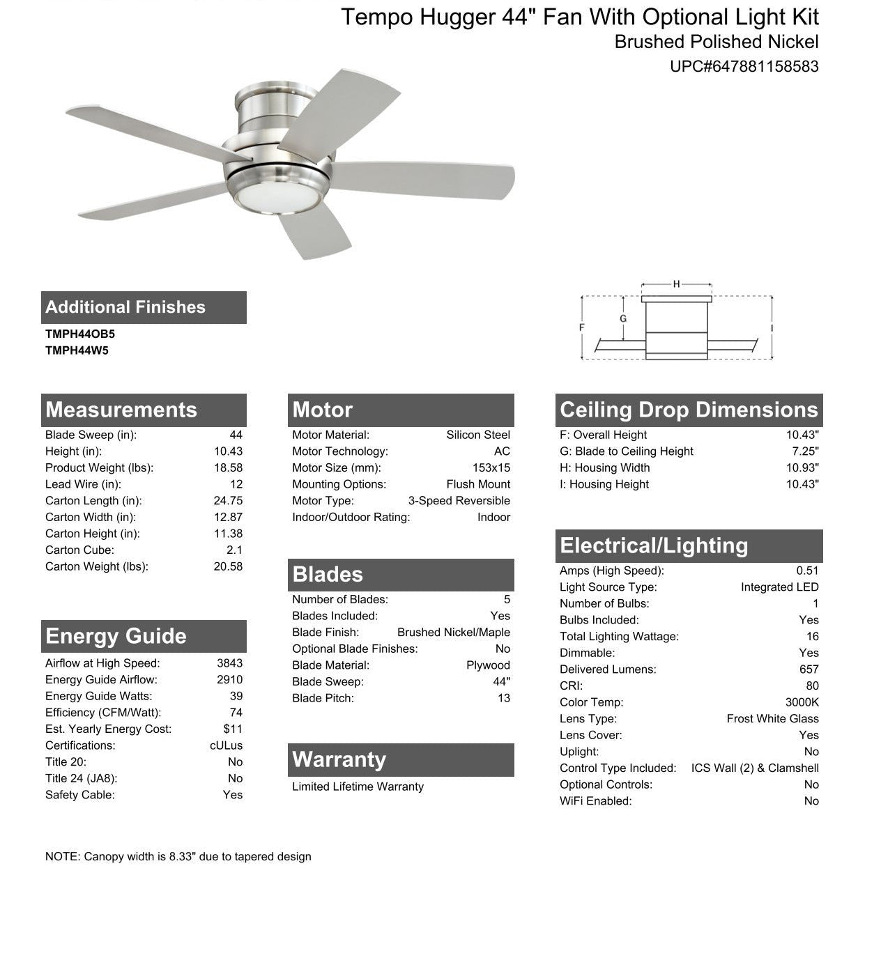 44" Tempo Hugger in Brushed Polished Nickel w/ Brushed Nickel/Maple Blades Ceiling Fan CRAFTMADE